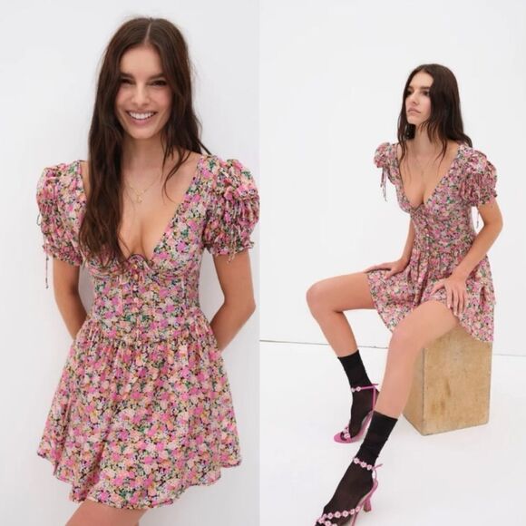 NWT For Love and Lemons Paulina Dress Multi floral print puff sleeve mini S - Picture 2 of 9